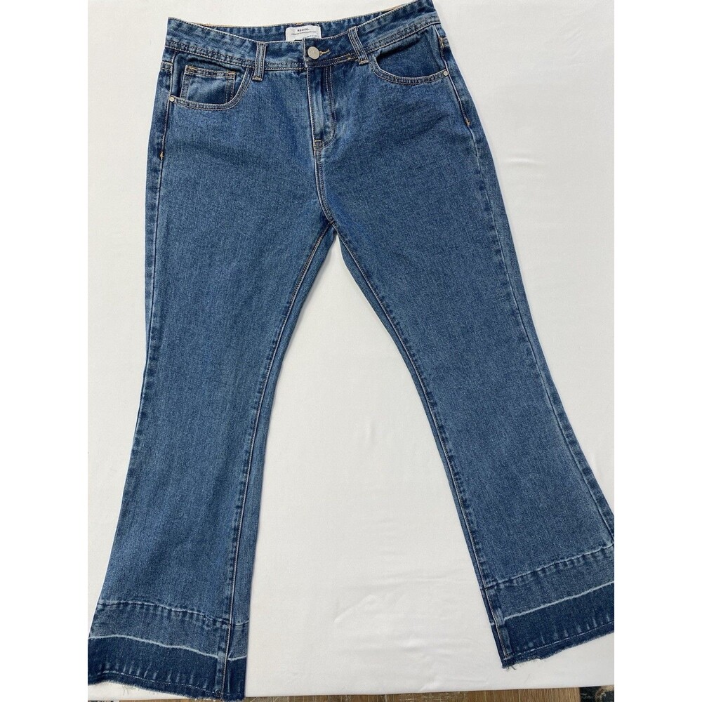 Redial Premium Denim High Rise Flare Jeans Released Raw Hem Medium Wash 40/10